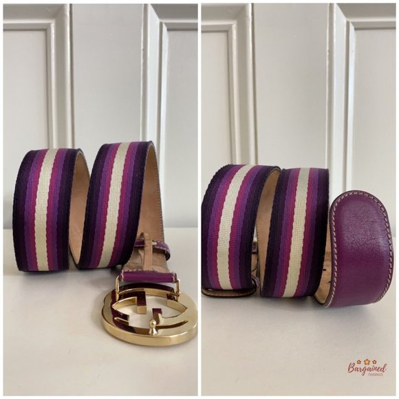 Authentic Gucci Web Canvas Leather Gold Interlocking G Buckle Belt 85/34 114876 - Picture 8 of 13